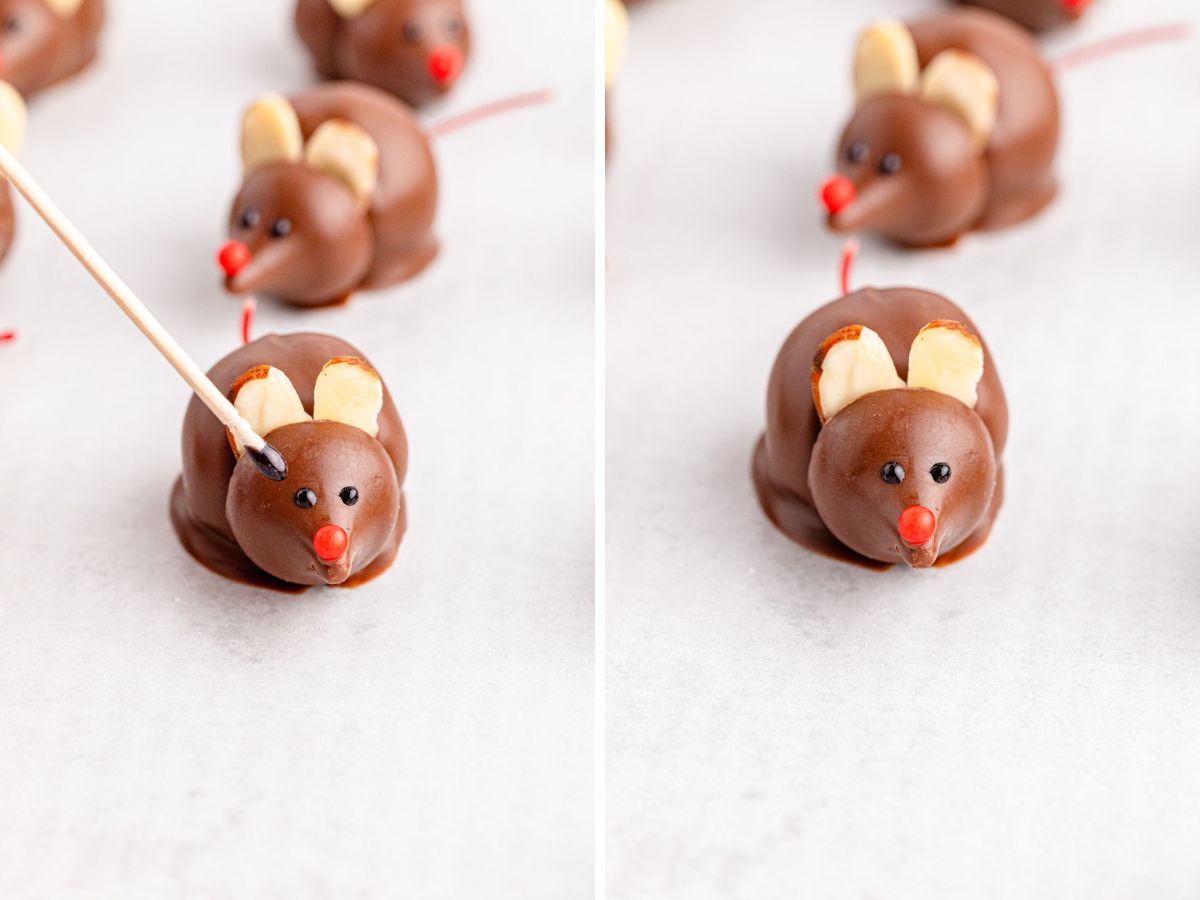 Adding black gel icing to make eyes on chocolate candy mice.