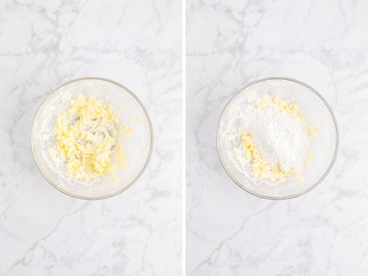 In a large bowl butter, corn syrup and almond extract mixed then powdered sugar added.