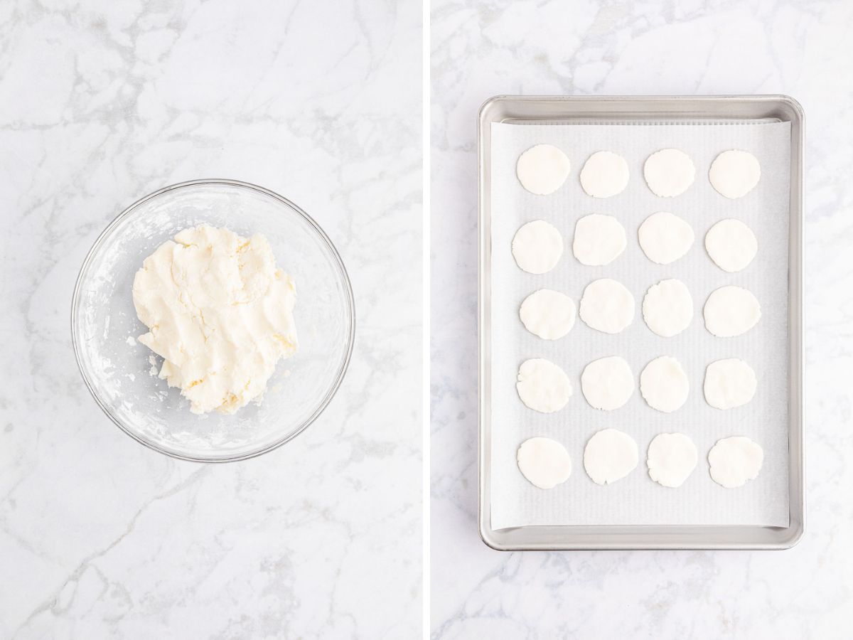 Dough formed and then rolled into round circles.