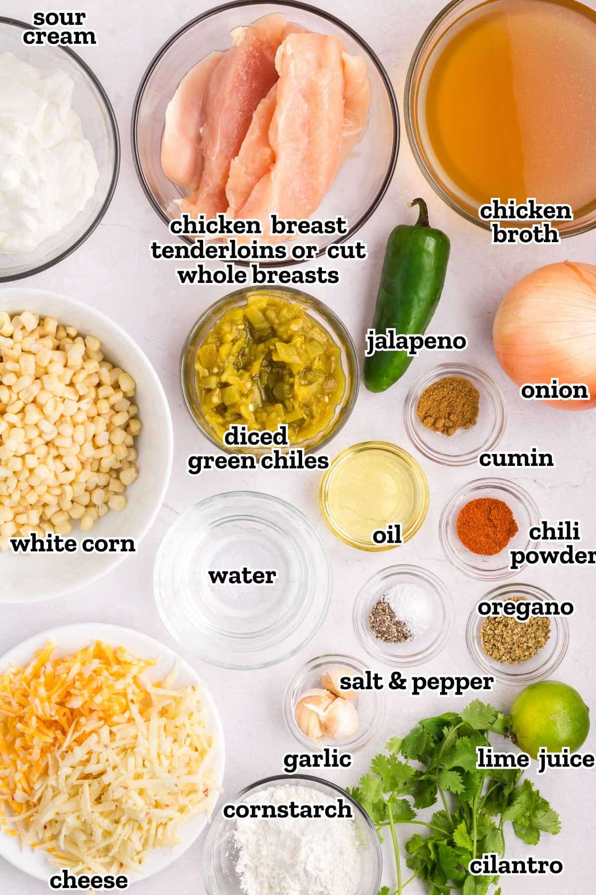 Ingredients needed to make Mexican street corn white chicken chili.
