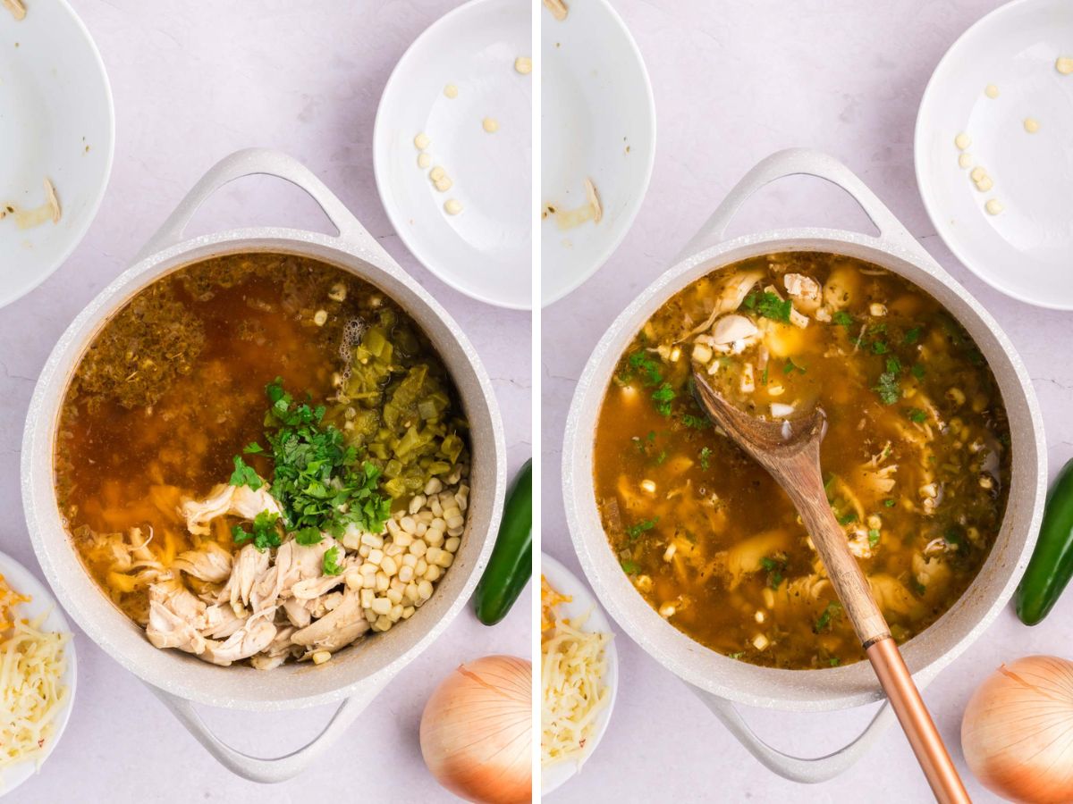 Adding shredded chicken, corn, cilantro and green chiles into the pot and stirring.