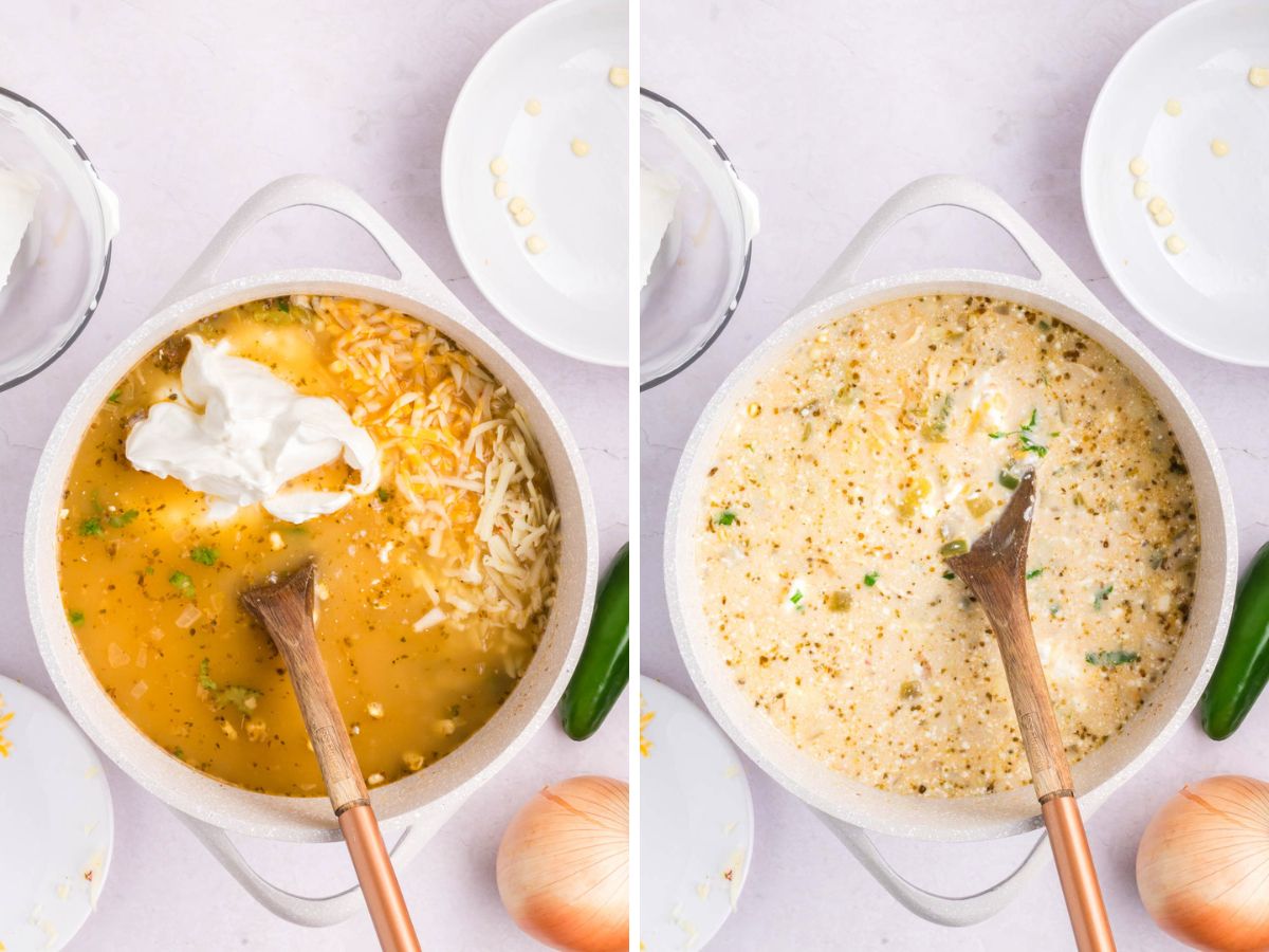 Adding sour cream and shredded cheeses to soup and stirring in.