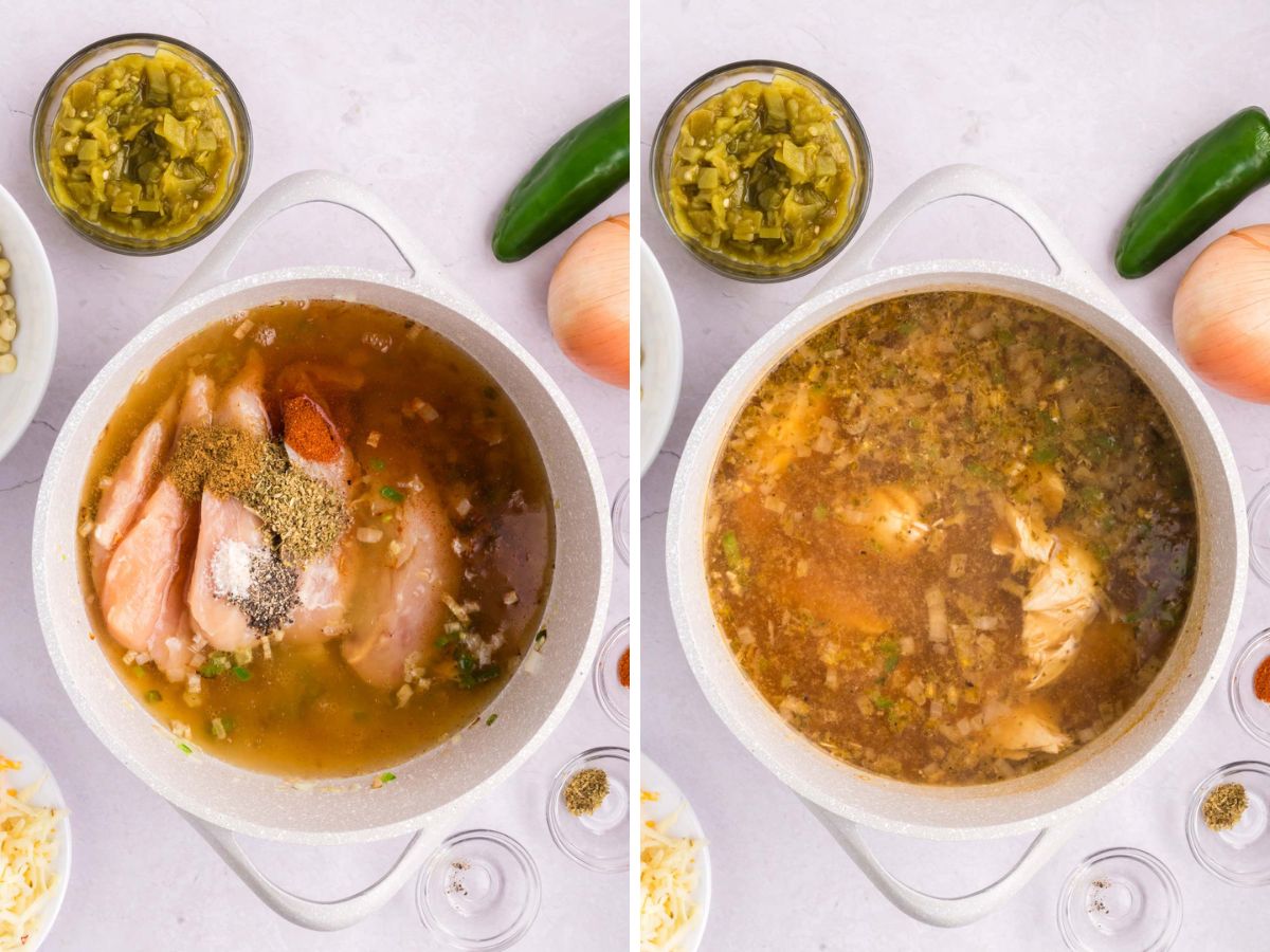 Cooking chicken breast and spices in a large pot for a soup base.