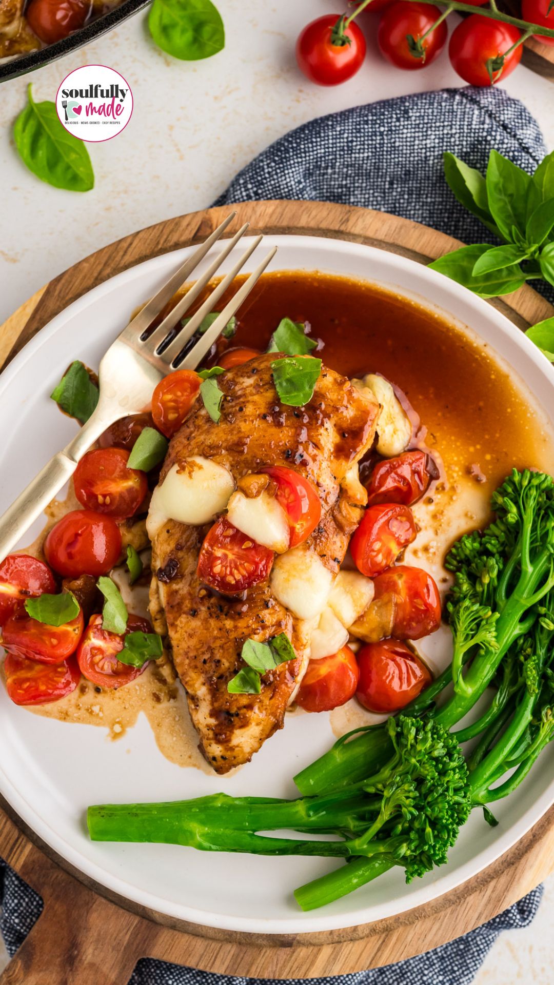 Skillet Balsamic Chicken Caprese is on a white plate.