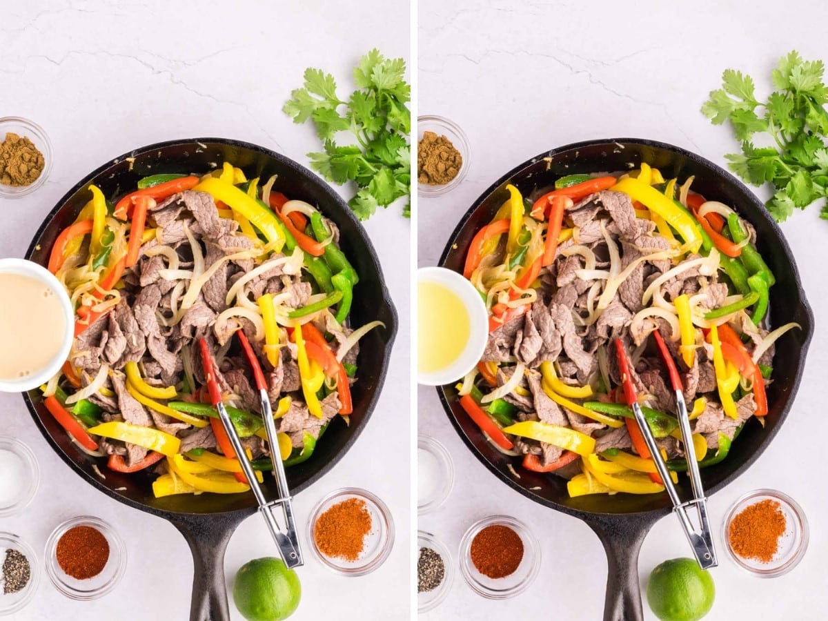 Adding cornstarch, beef broth, and lime juice to steak fajita mixture.