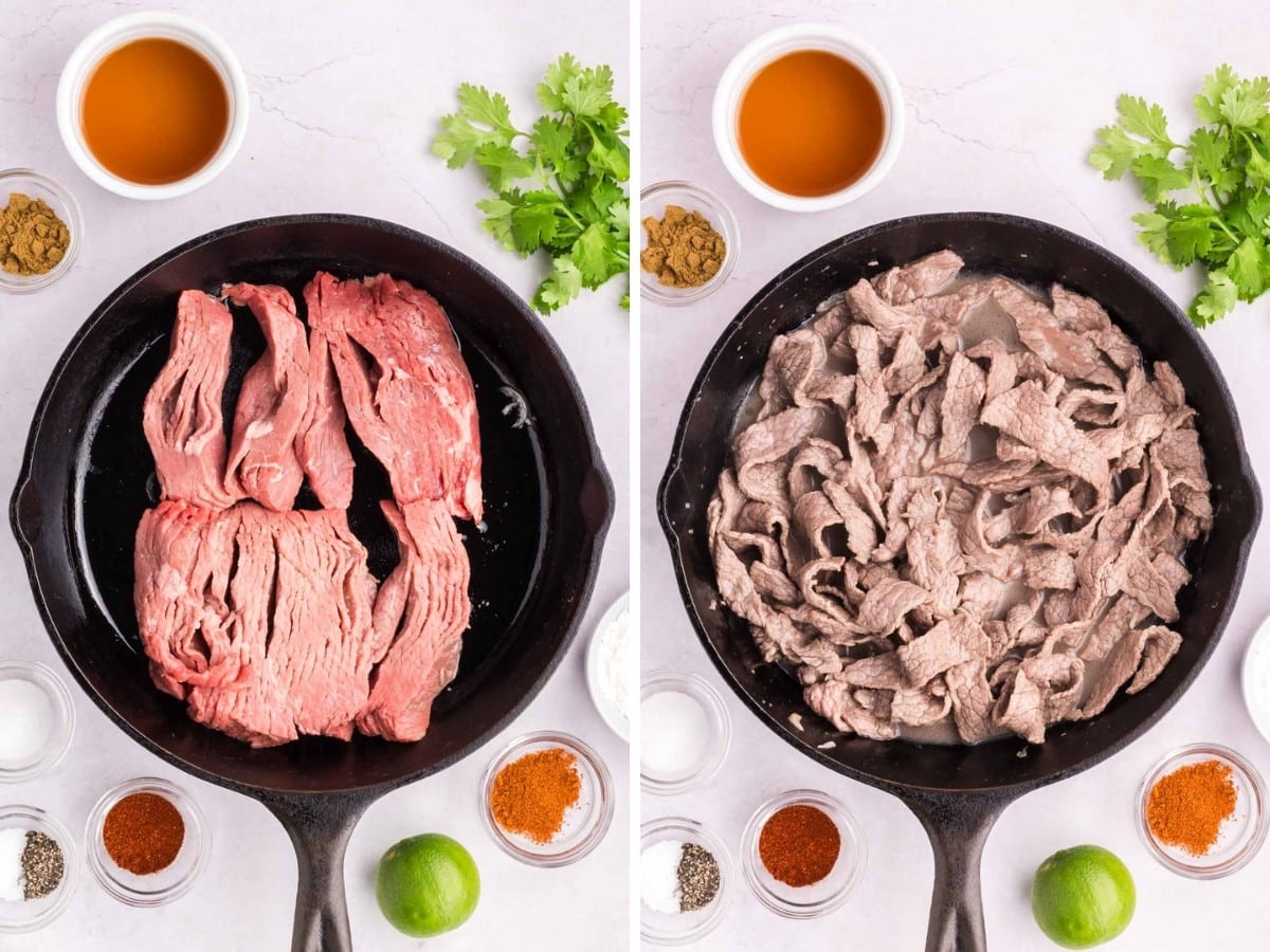 A skillet with sliced skirt steak added and then cooked.