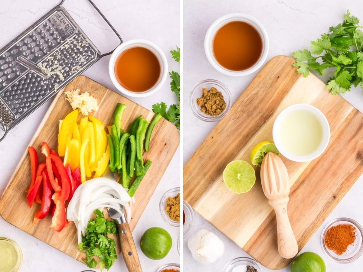 A wooden cutting board with veggies chopped along with a lime juiced and prepped for steak fajitas, .