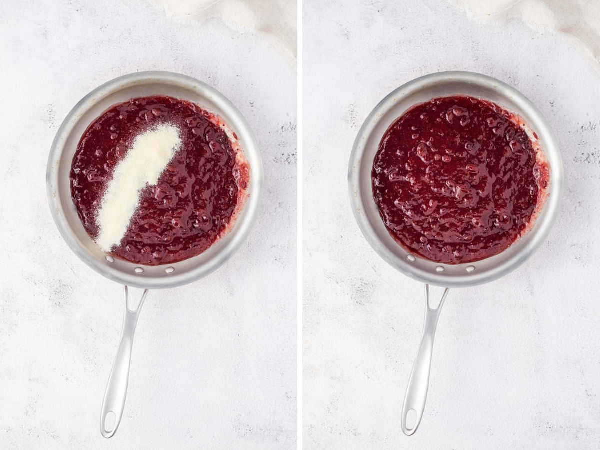 Cranberry puree in a saucepan with gelatin added and then thickened.