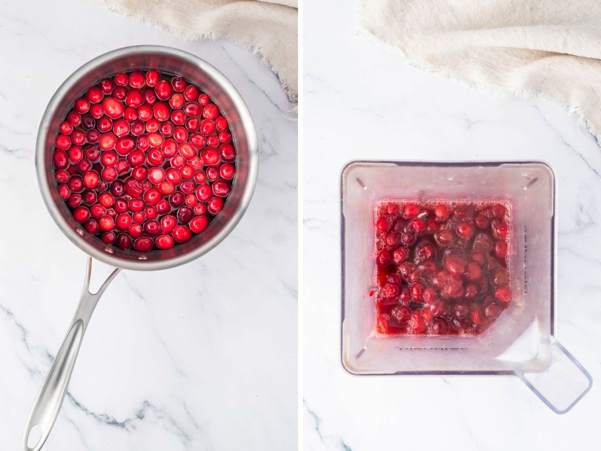 Cranberries cooked in a sauce pan and then pureed in a blender.