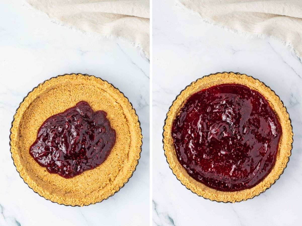 Pouring cranberry filling in a baked graham cracker crust and then spreading it our evenly.