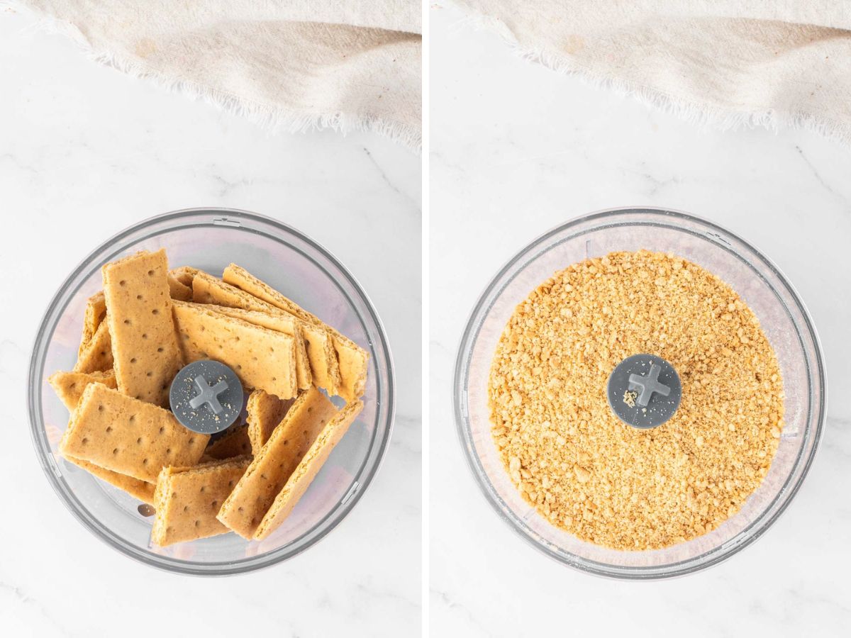 A glass bowl filled with graham crackers then pulsed in a food processor to crumbs.