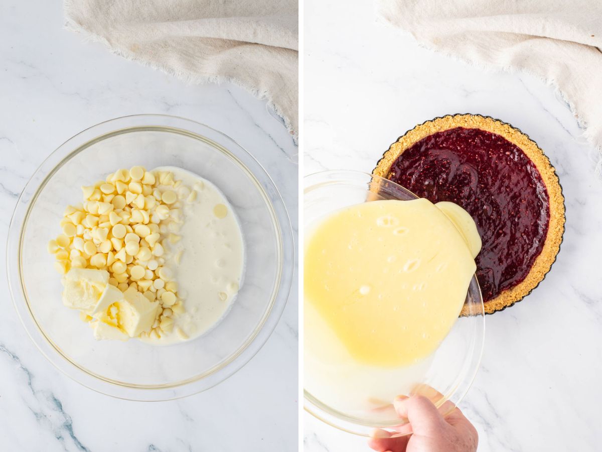 A glass bowl filled with butter, white chocolate, and sugar, then melted, cooled and poured onto cranberry filling layer.