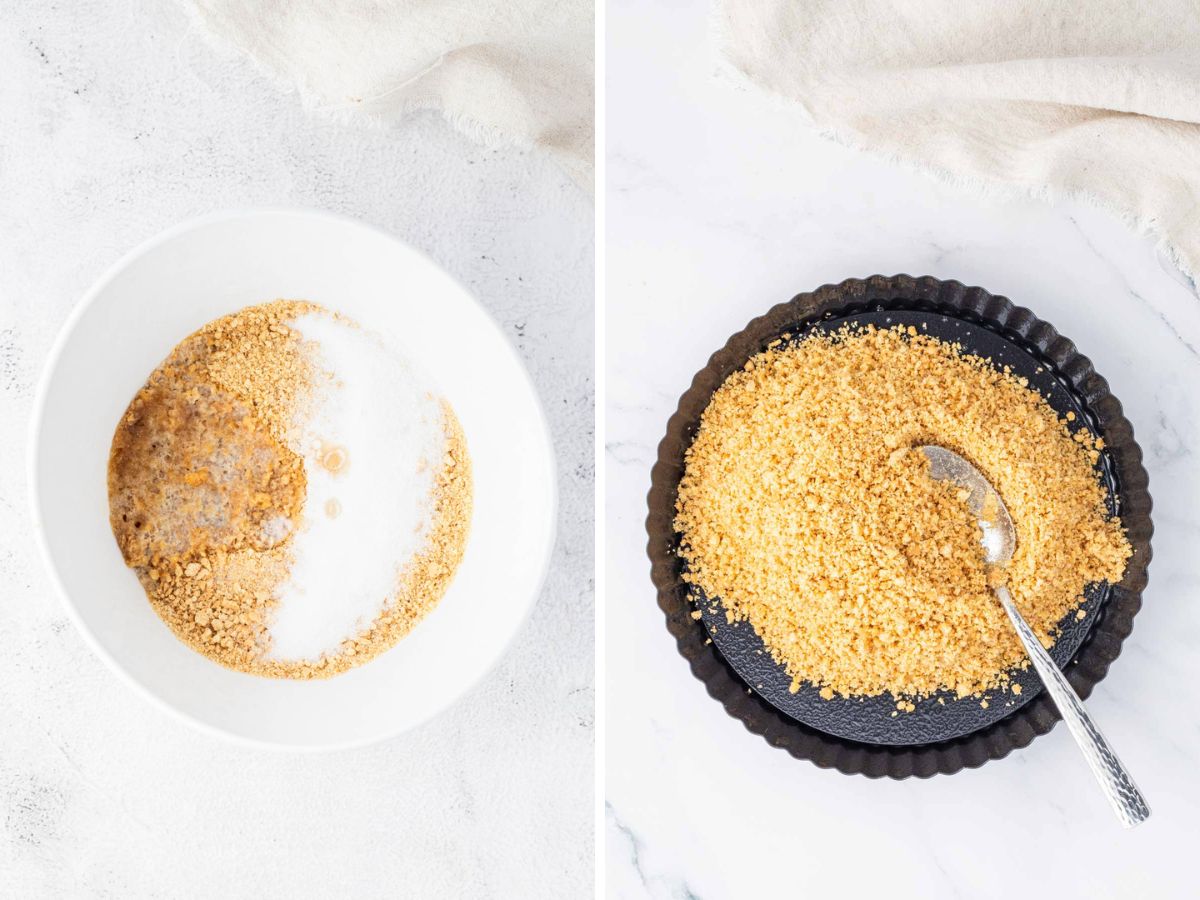 Melted butter and sugar added into graham cracker crumbs and then spooned into tart pan.