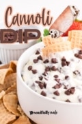 A bowl of cannoli dip topped with mini chocolate chips and surrounded by dippers.