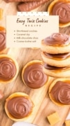 Easy Twix Cookies recipe is featured with a recipe card overtop of a counter full of the cookies.