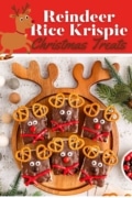 Reindeer Rice Krispie Christmas Treats image of a deer cutting board with sic treats.