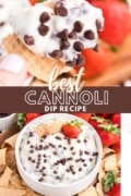A white bowl filled with cannoli dip and topped with mini chocolate chips. There's a strawberry and some sugar cone pieces siting in the dip.