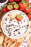 Overhead shot of a bowl of cannoli-dip-surrounded by dippers.