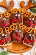 Pinterest image only pin for Reindeer Rice Krispie Treatss overhead shot of the adorable treats.