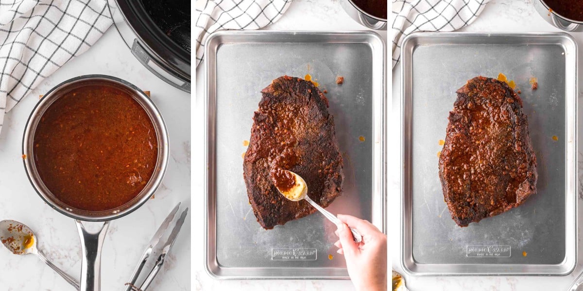 Drippings to make bbq sauce removed to a sauce pan, brisket added to baking tray, and drippings being spooned over the brisket before going into the oven.