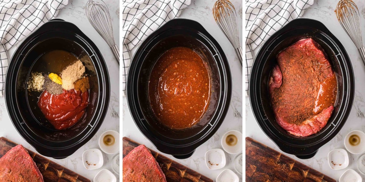 Adding spices to slow cooker, mixing and then pressing the beef brisket into to sauce.