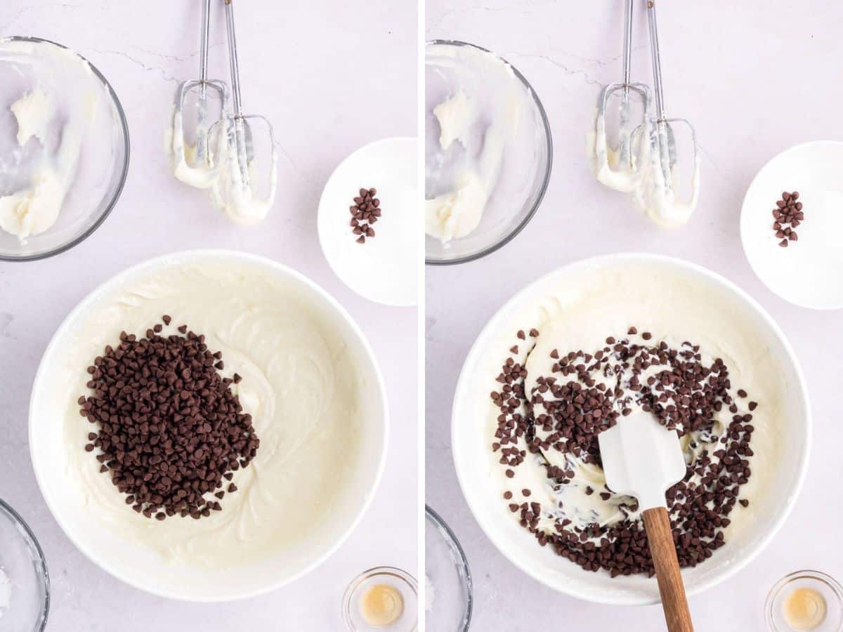 Adding mini chocolate chips to whipped cream cheese mixture and folding with a spatula.