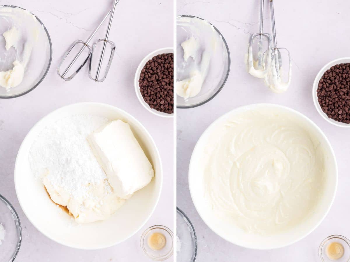 Cream cheese, ricotta cheese, and powdered sugar in a bowl and these after being whipped together until smooth.