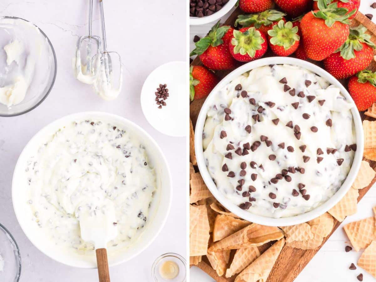 Dip completely combined and then placed in a serving bowl and topped with mini chocolate chips to garnish.