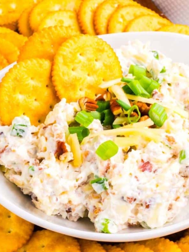 Million Dollar Dip recipe image in a white bowl with Ritz crackers all around it.
