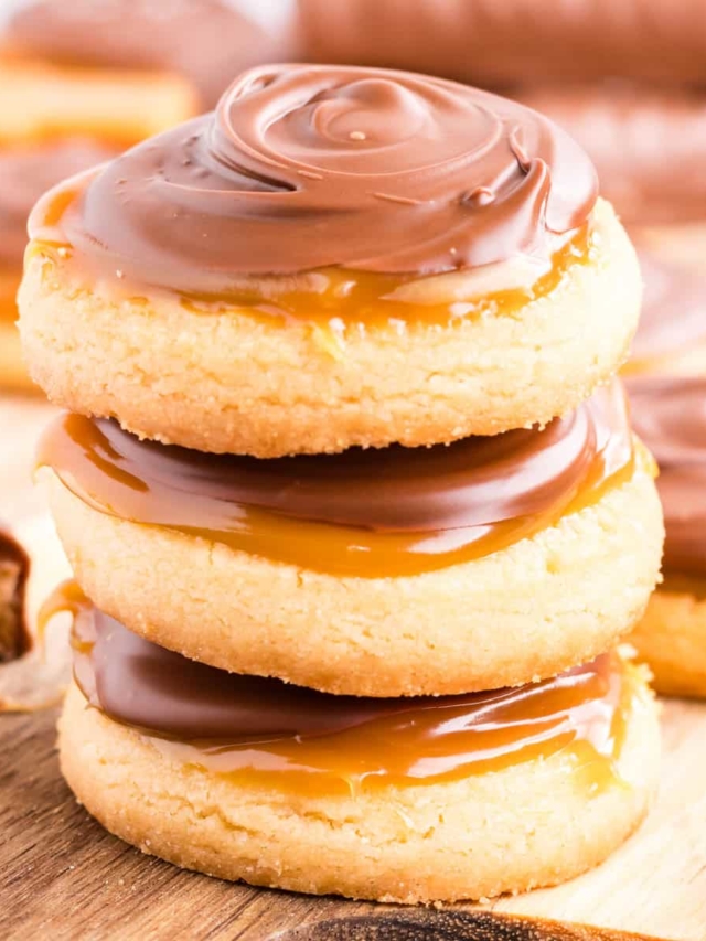 A stack 3 high of cookie with easy Twix Cookies.