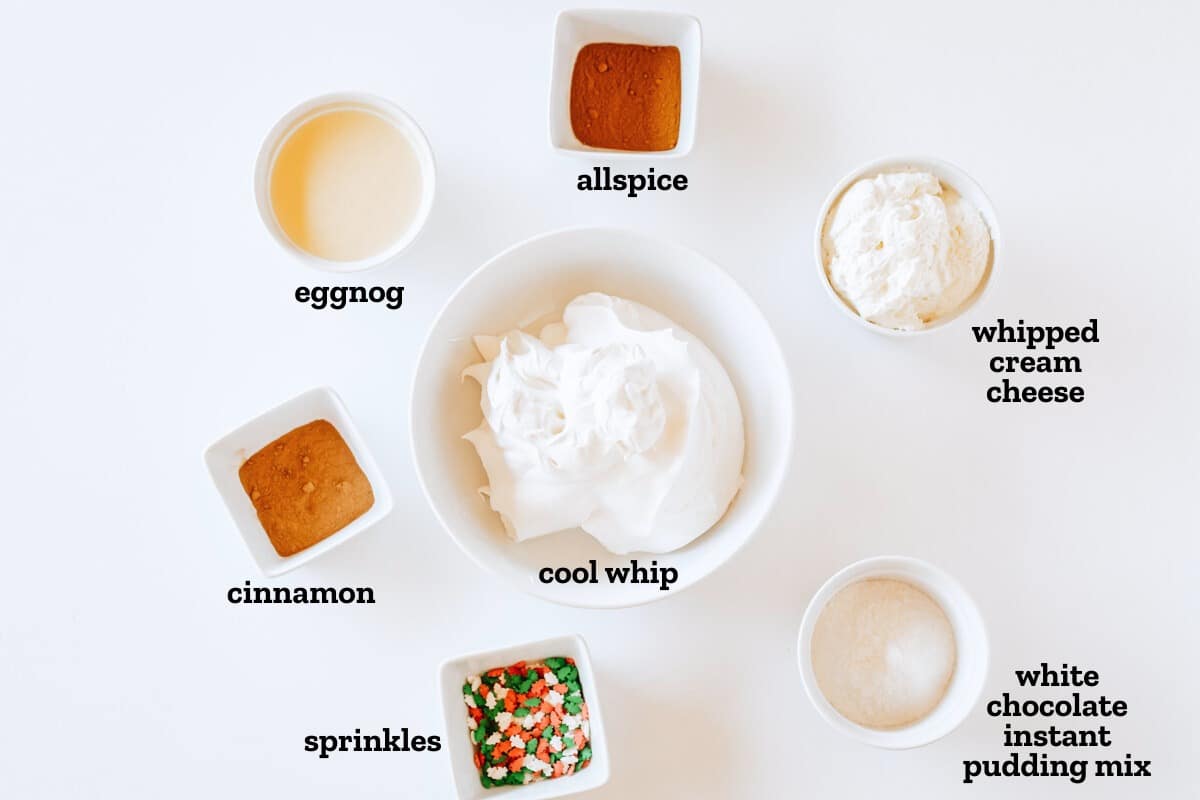 Labeled ingredients needed to make a dessert eggnog dip.