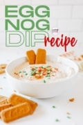 Eggnog Dip Recipe image of a white bowl full topped with cinnamon and sprinkles.