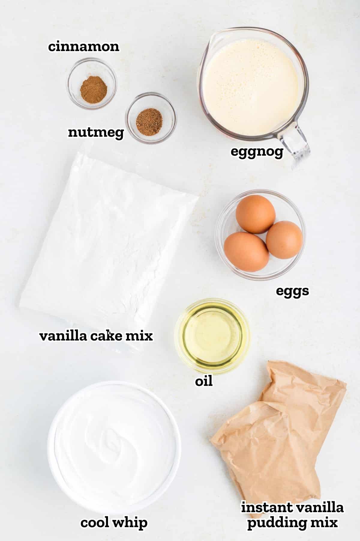 Labeled ingredients needed to make eggnog poke cake.