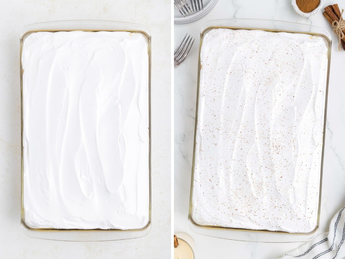 Garnish top of eggnog cake with a dusting of cinnamon and nutmeg.