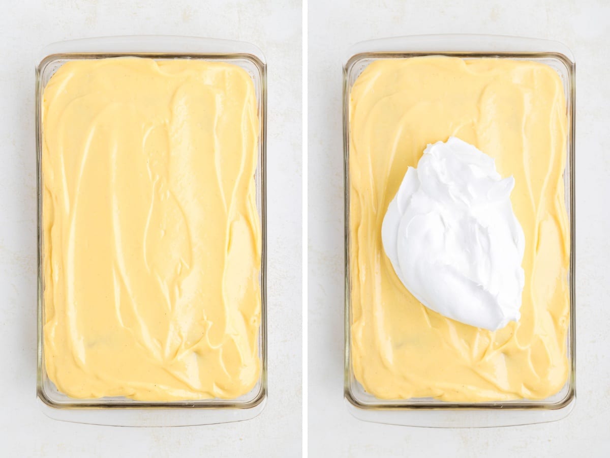 Adding whipped cream to eggnog Poke cake pudding layer.
