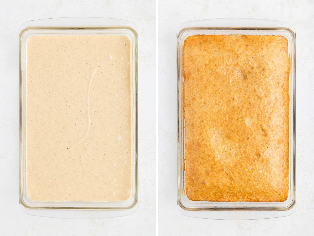 Eggnog Poke Cake batter added to a 9x13 dish and baked.
