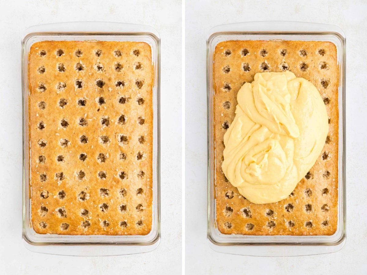 Holes poked into cooled cake and pudding added to the top.