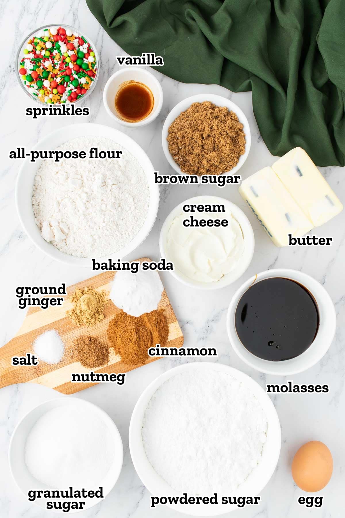 Labeled ingredients needed to make gingerbread cookie bars.