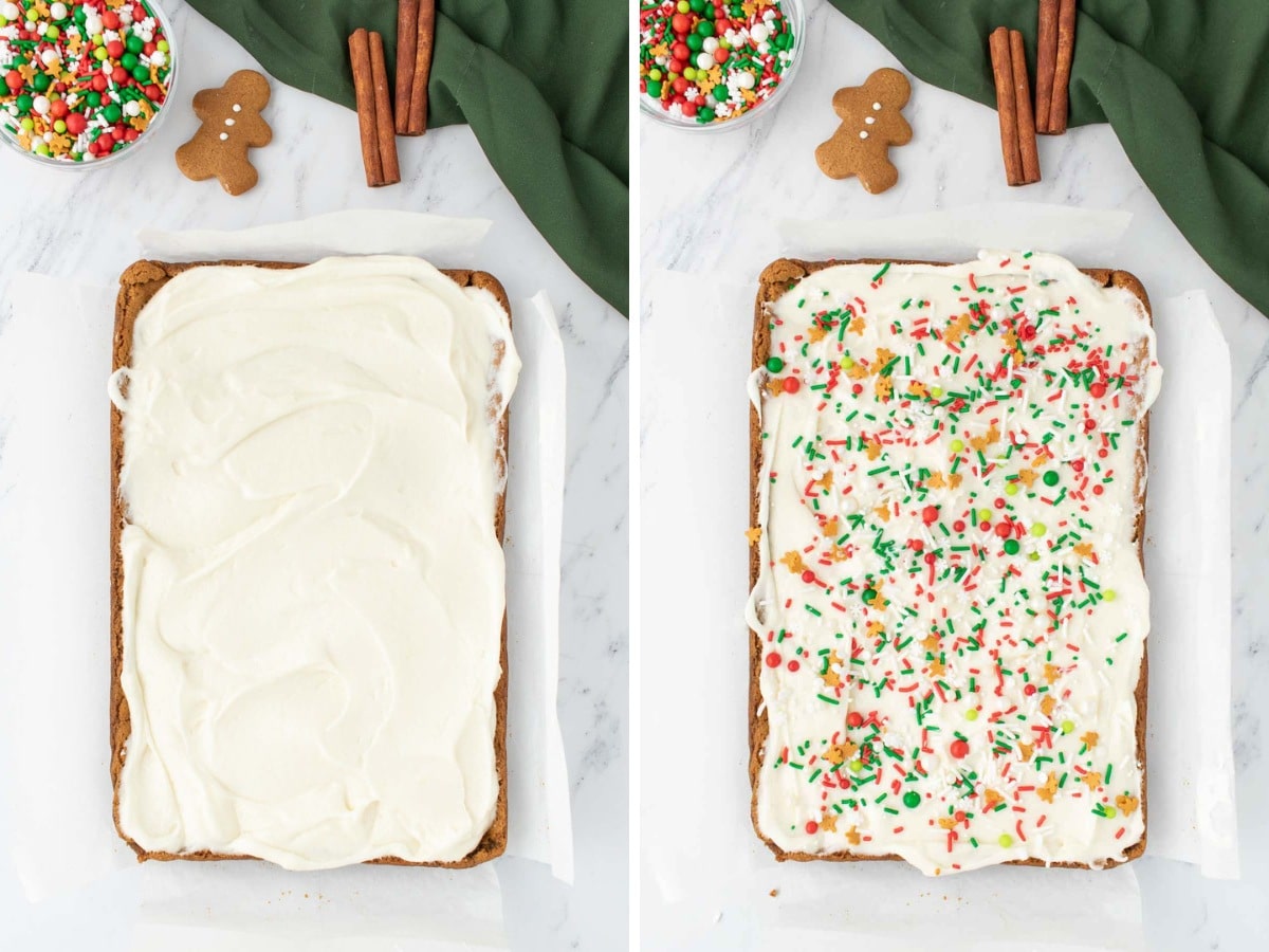 Iced gingerbread bars with sprinkles added to the top.
