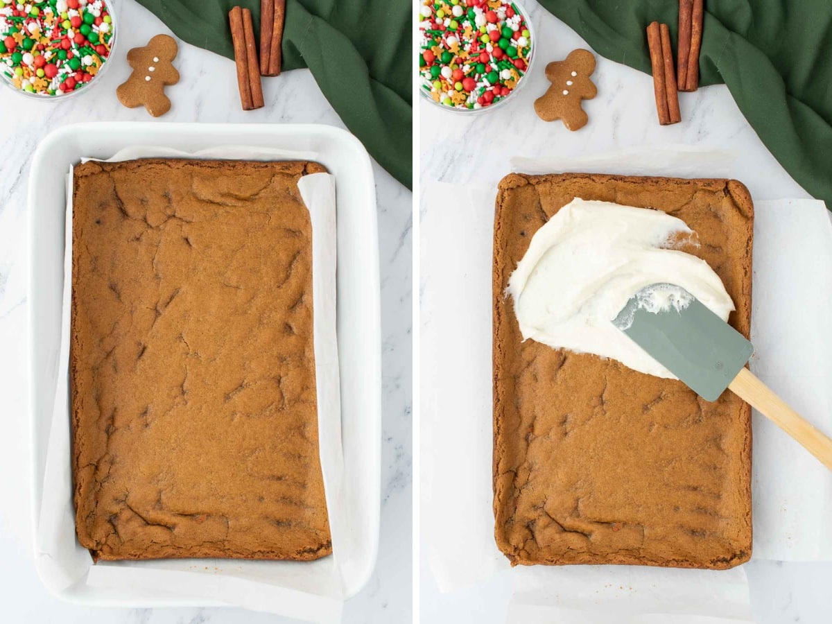 Cooled baked gingerbread bars being frosted.