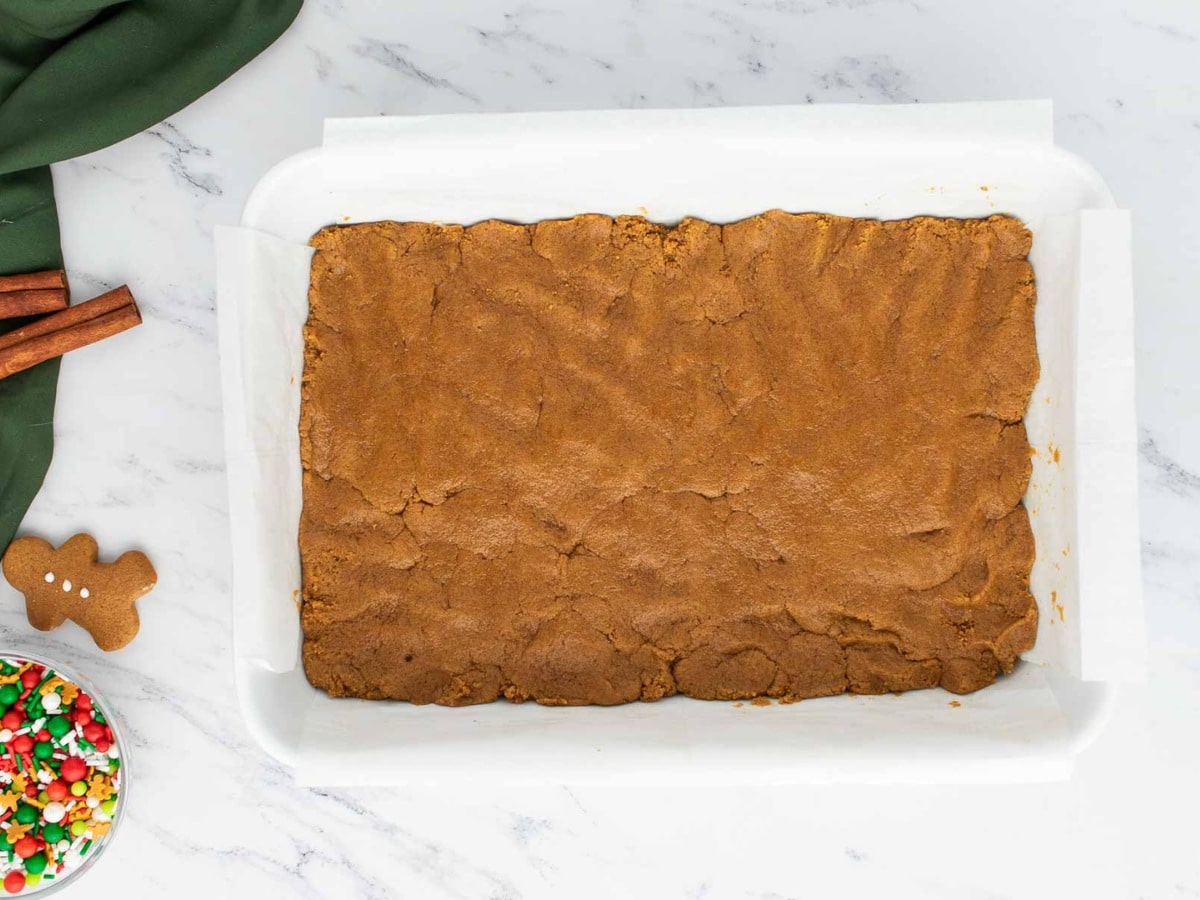 Dough pressed into baking pan.