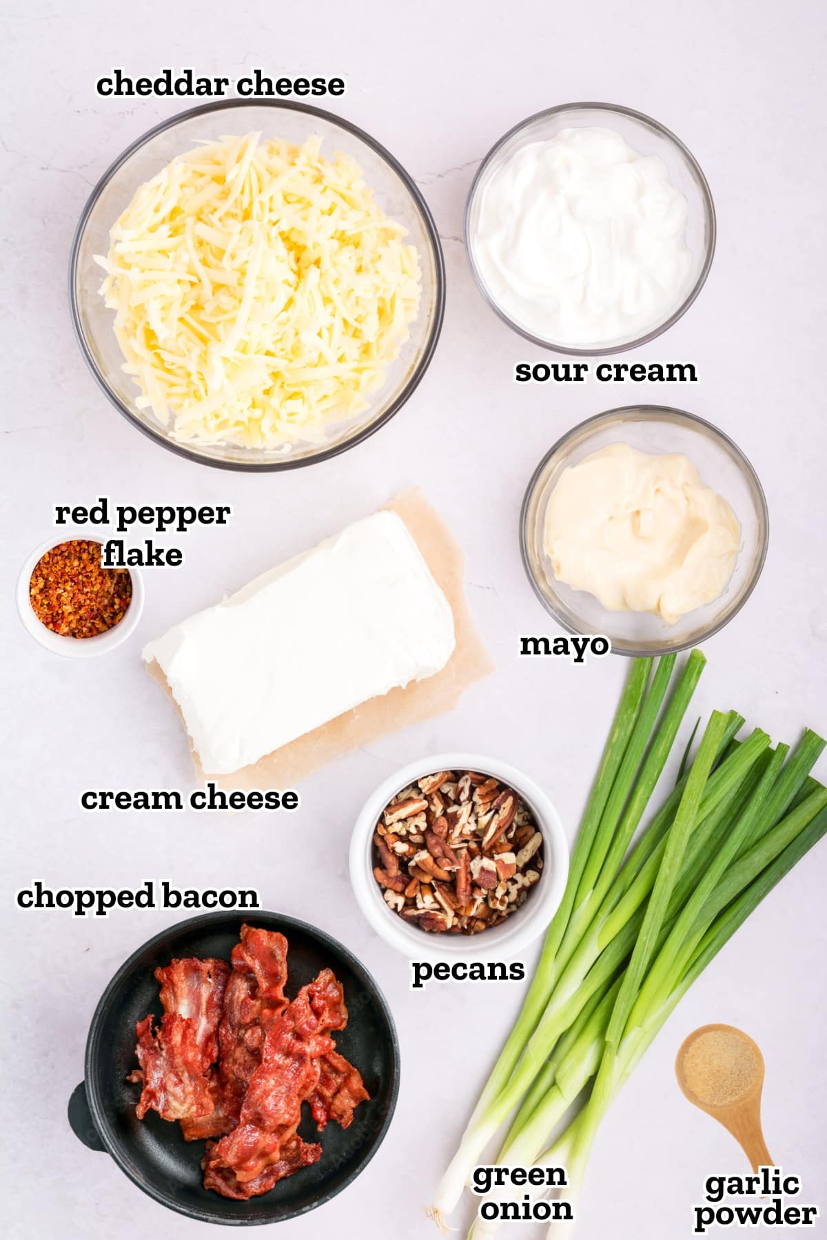 Labeled ingredients needed to make million dollar dip recipe.