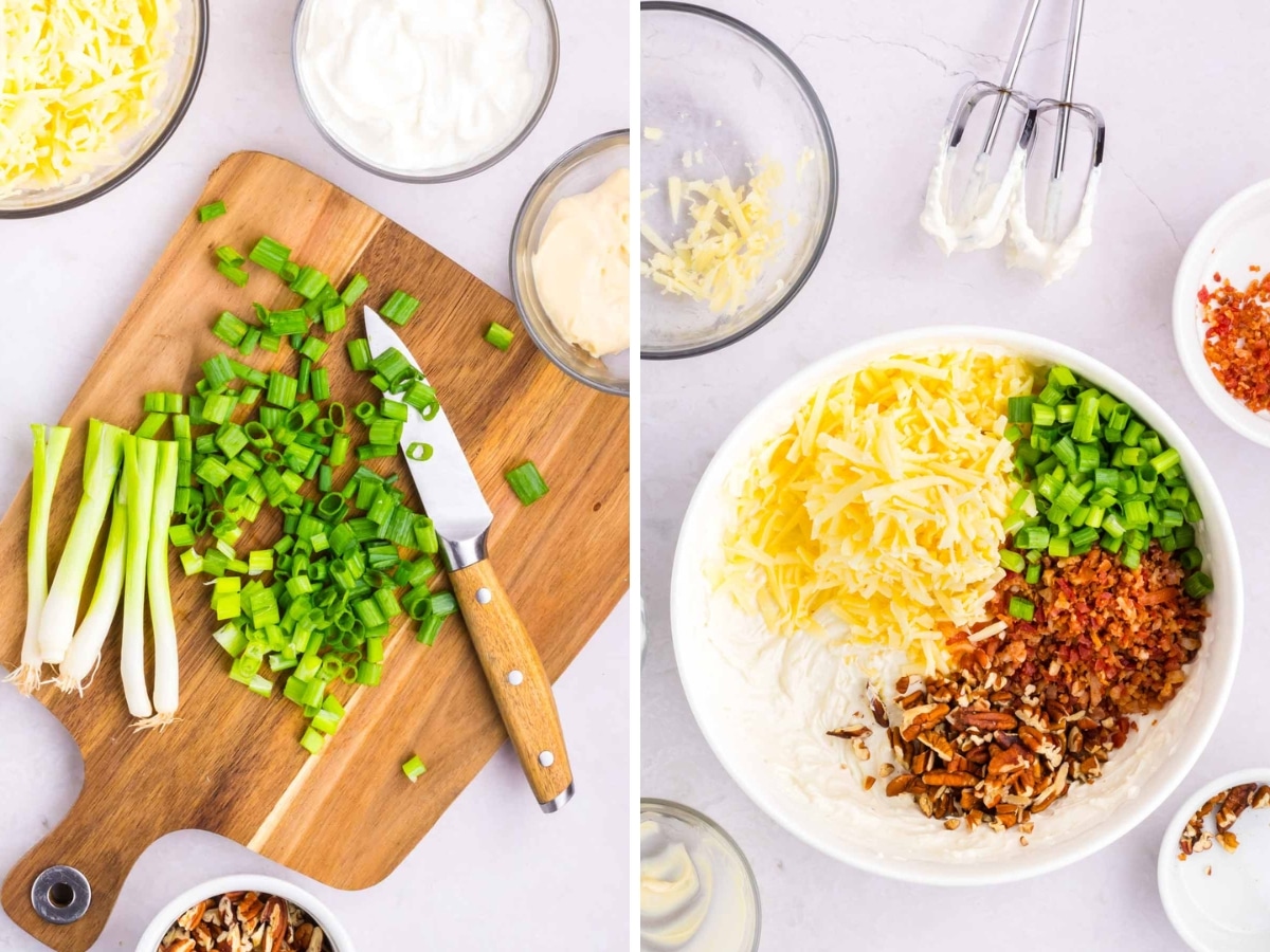 Green onion sliced on a cutting board and added to a bowl of ingredients for Neiman Marcus Dip.