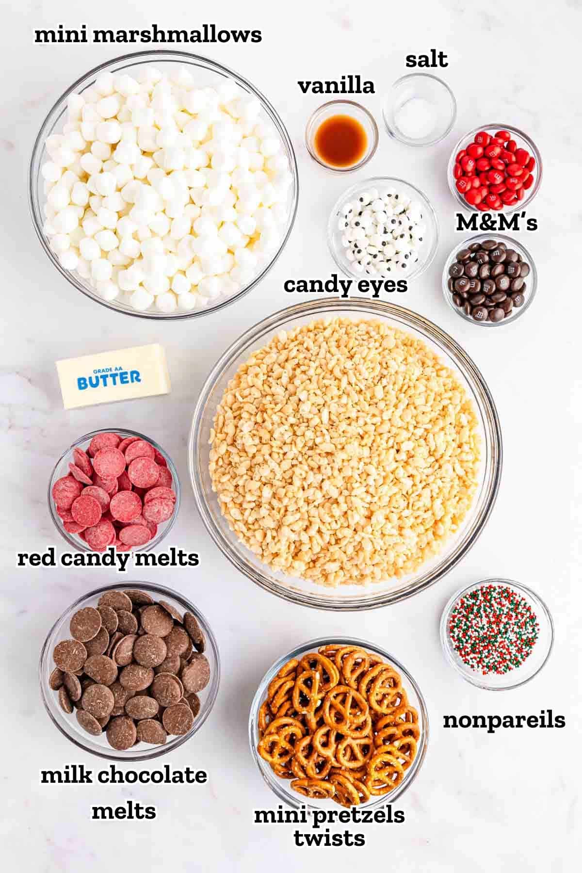 Labeled ingredients needed to make reindeer rice krispie treats.