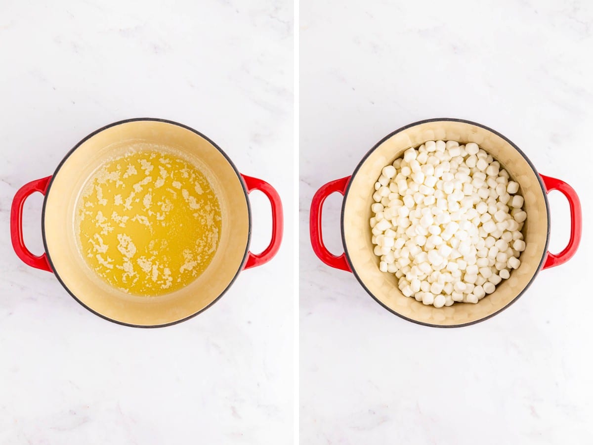 Melting butter in a large pot and adding in mini marshmallows.