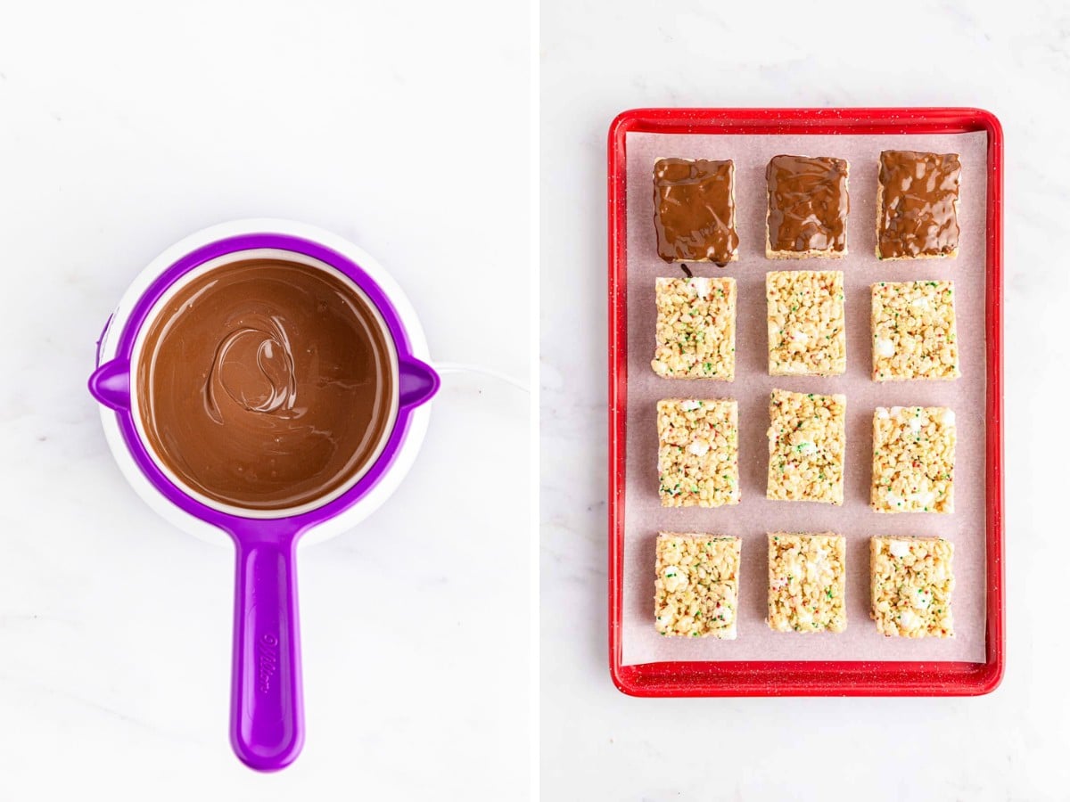 Melting milk chocolate in a double boiler and dipping the top of rice krispie treat bars to cover.