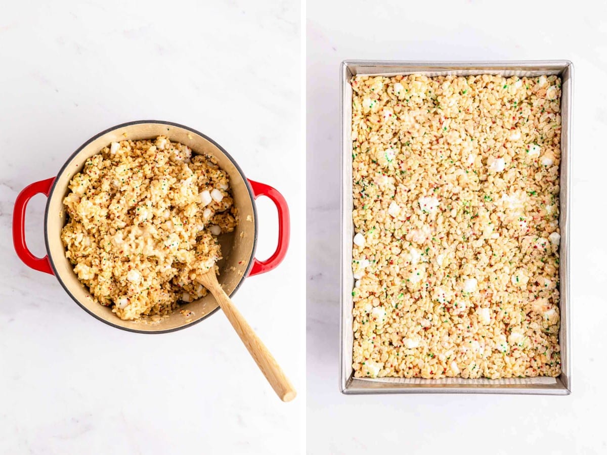 Adding rice krispies cereal to the pot, stirring and then adding mini marshmallows and nonpareils.