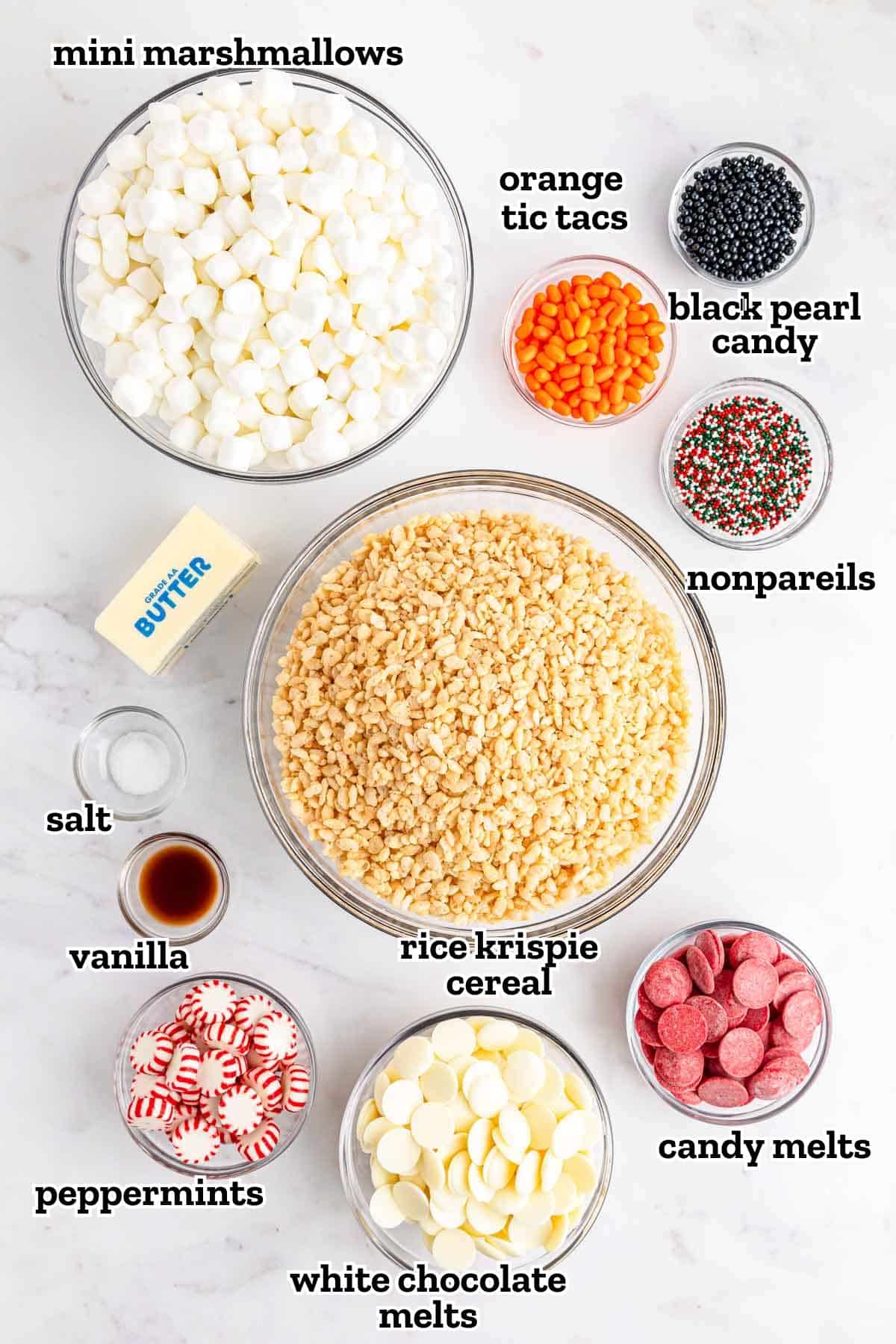 Labeled ingredients needed to make snowman rice krispie treats.