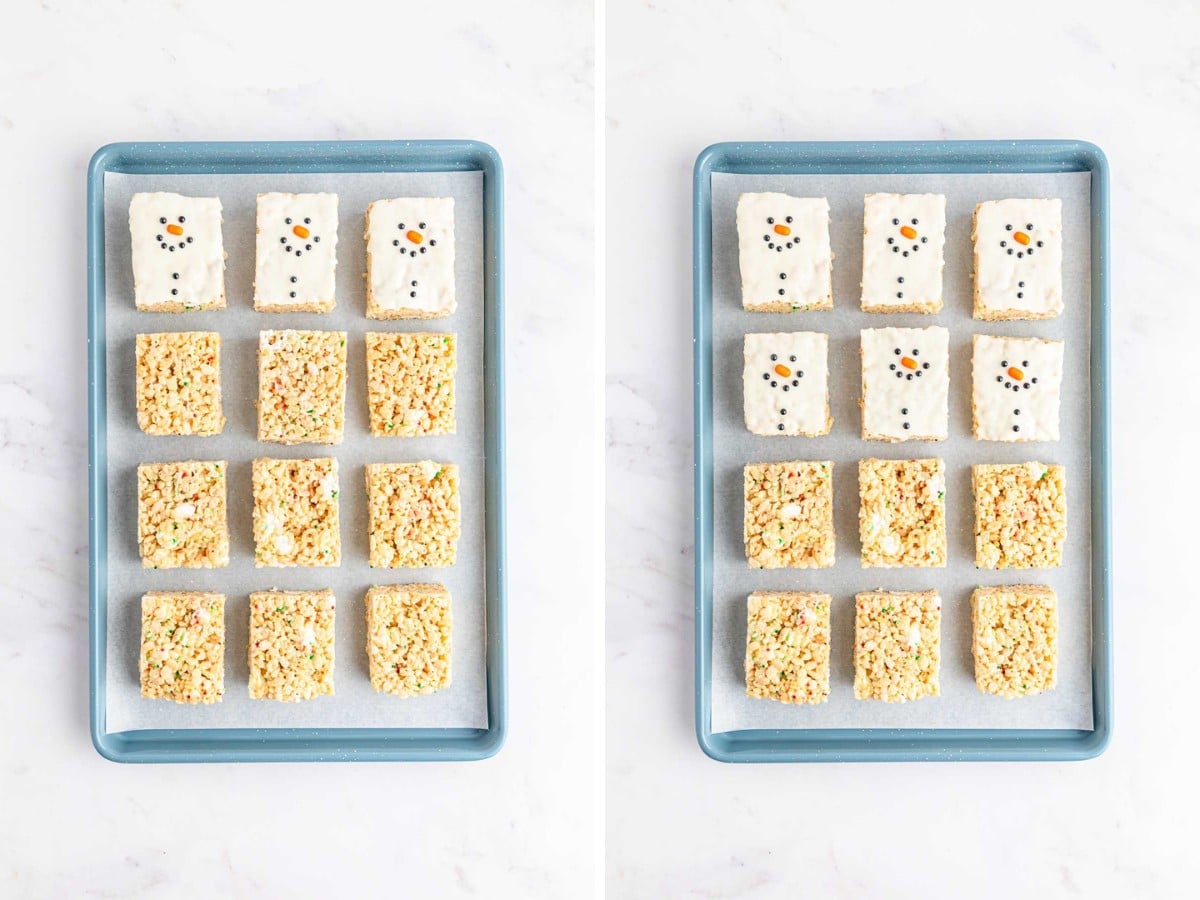 A tray of rice krispie treat adding black pearls and tick tacs to make snowman face.