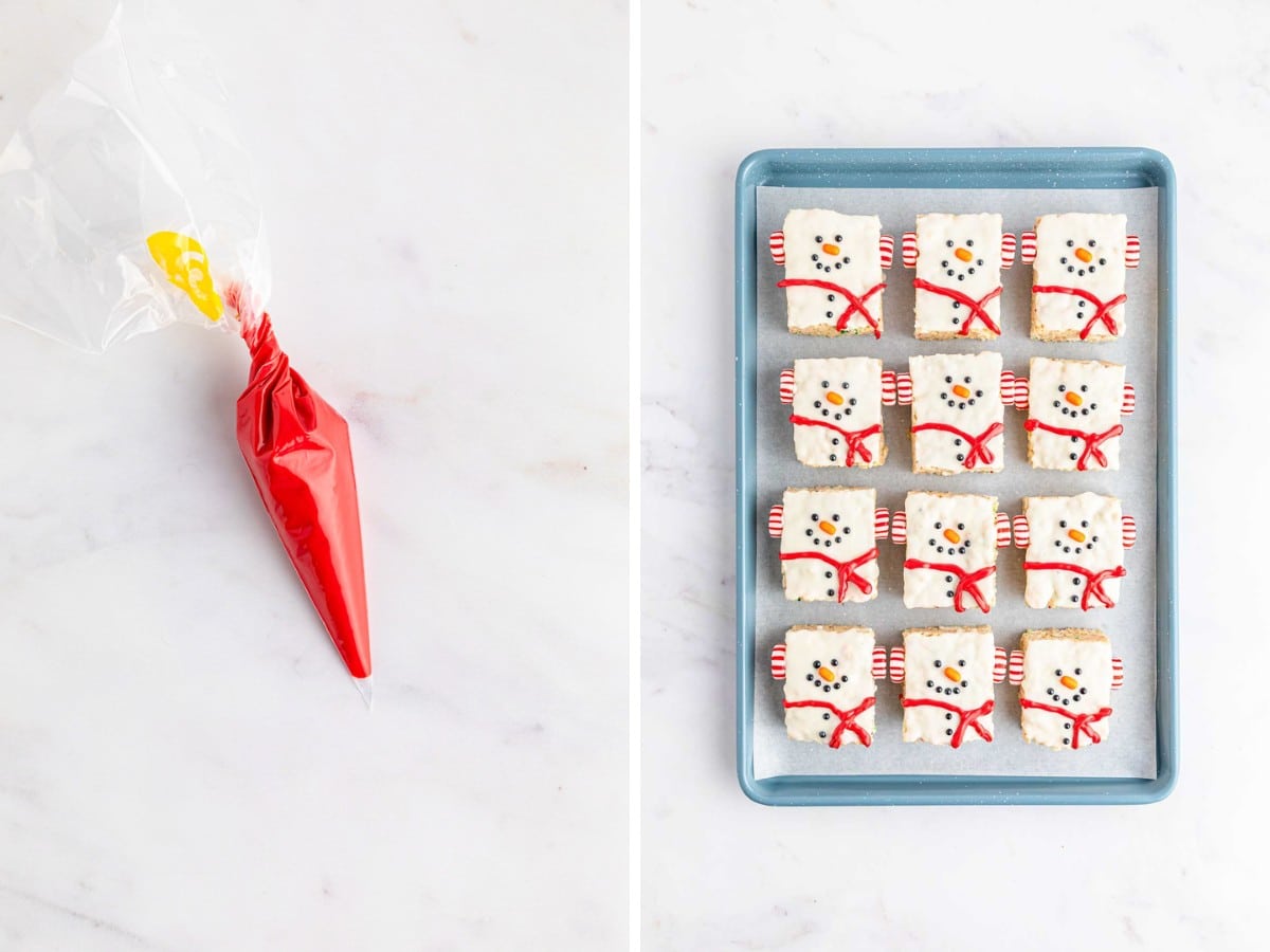 Melted red candy melts in a pipping bag and then adding a scarf to the bottom of the snowman rice krispie treats.